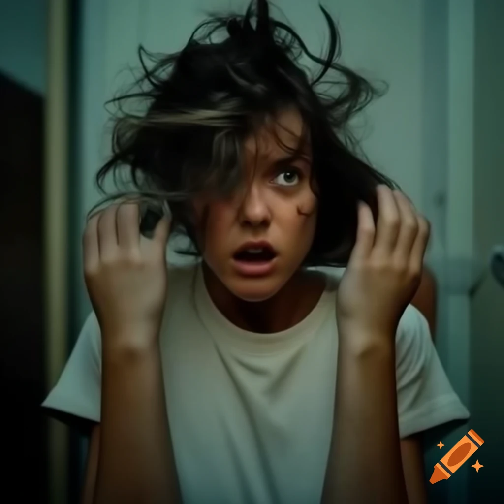 Frustrated woman with messy hair in living room or bathroom setting
