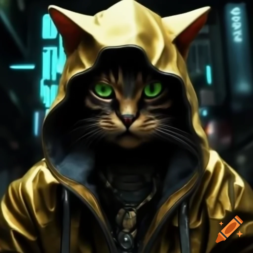 Glowing gold evil cat god in cyberpunk style