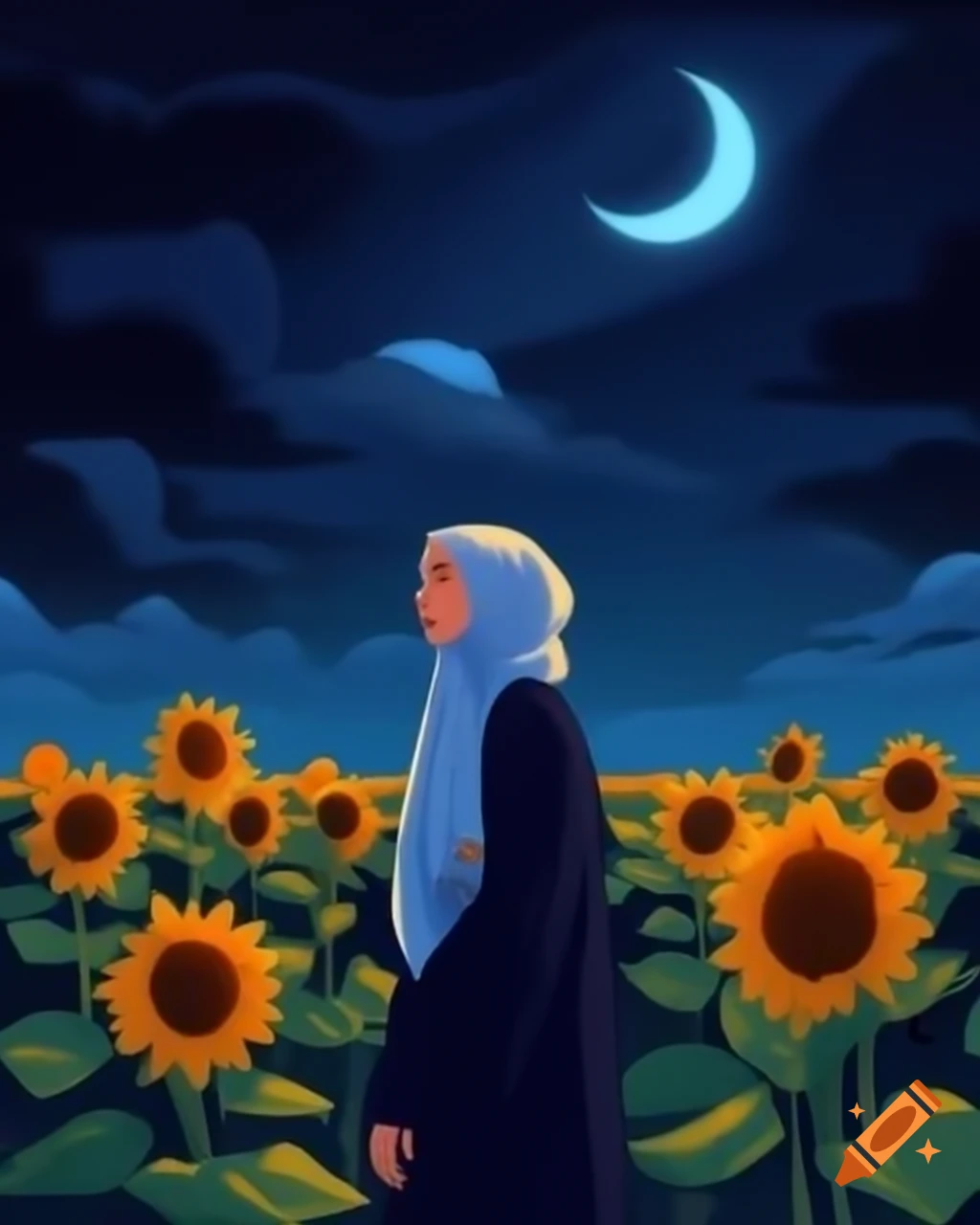 Hijabi girl in sunflower garden at night with glowing light and clouds in the sky