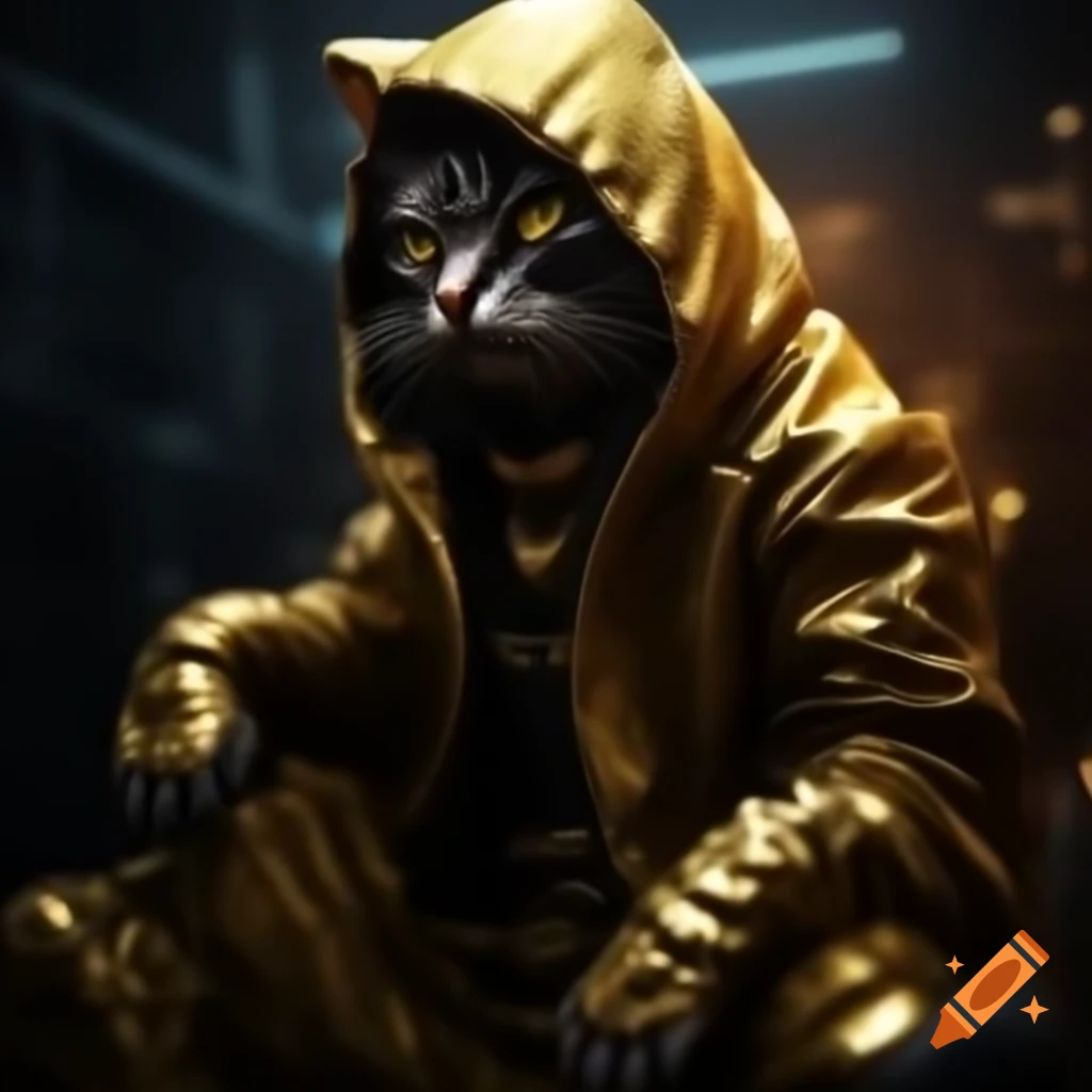 Glowing golden evil cat deity in cyberpunk style