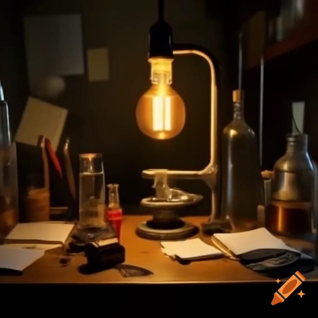 Edison's laboratory in Menlo Park, 1879, with glowing electric light bulb and Edison