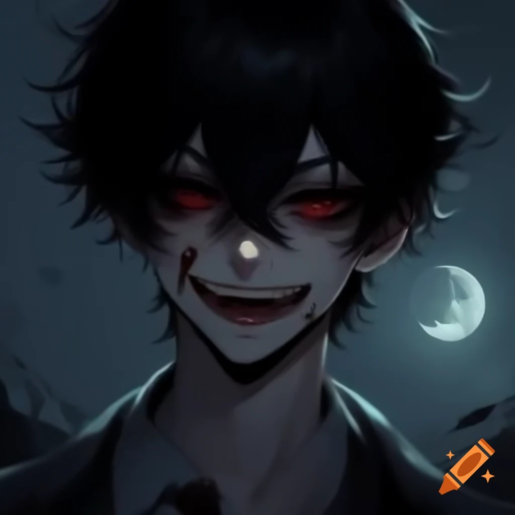 Buff vampire with messy black hair and visible fangs, shadowed eyes, moon in background
