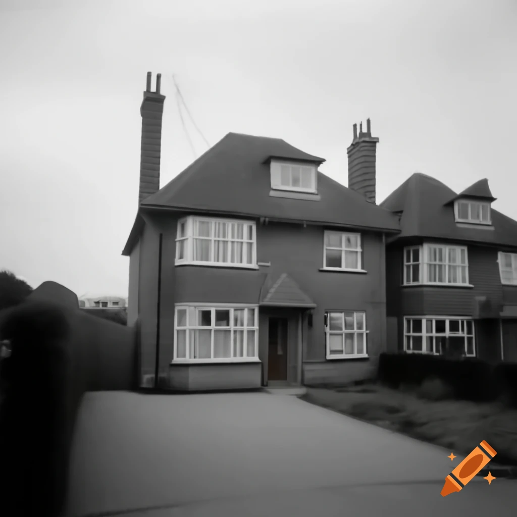 Photo realistic traditional 1960s UK village house with driveway and front garden