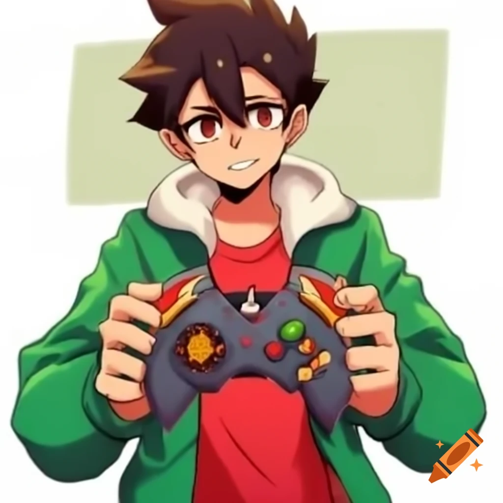 Man in green hoodie and red t-shirt holding game controller in Beyblade art style