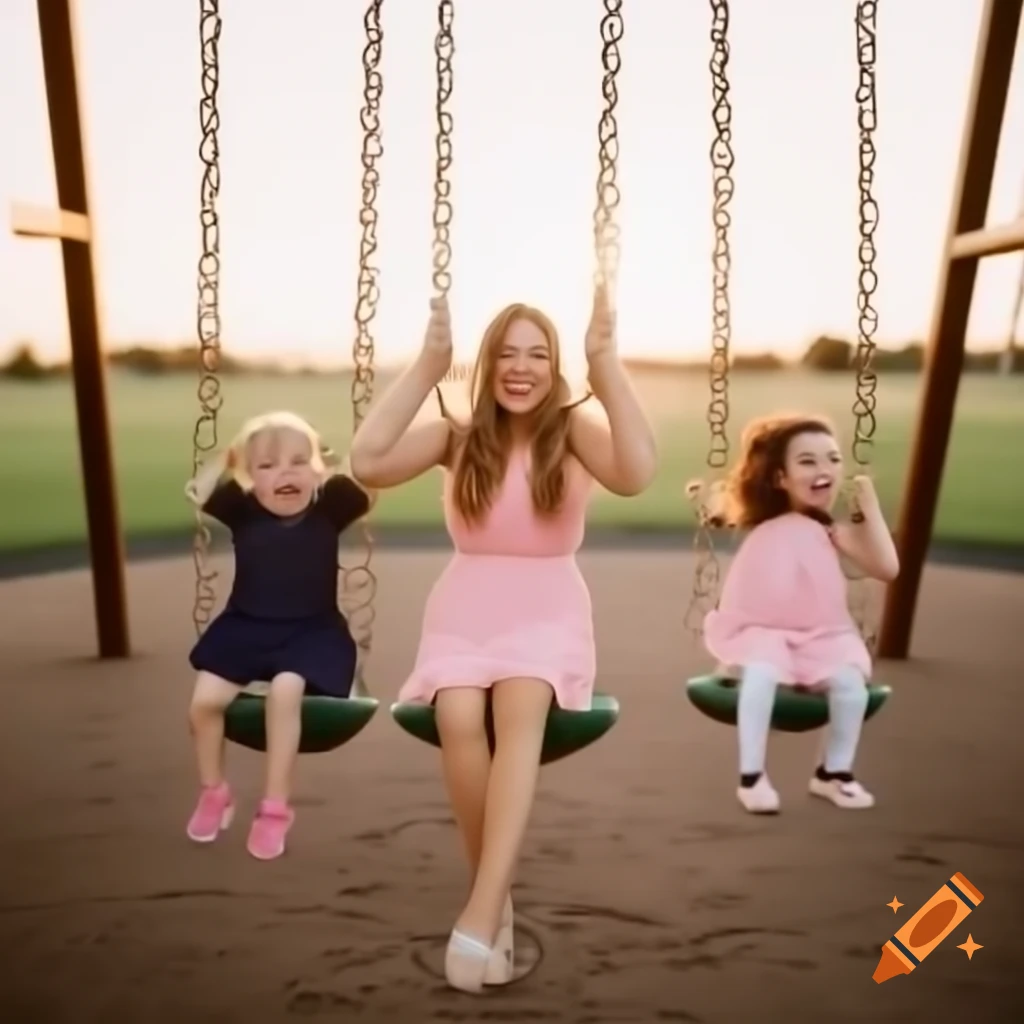 Carefree woman in pink dress on swing at playground, smiling joyfully