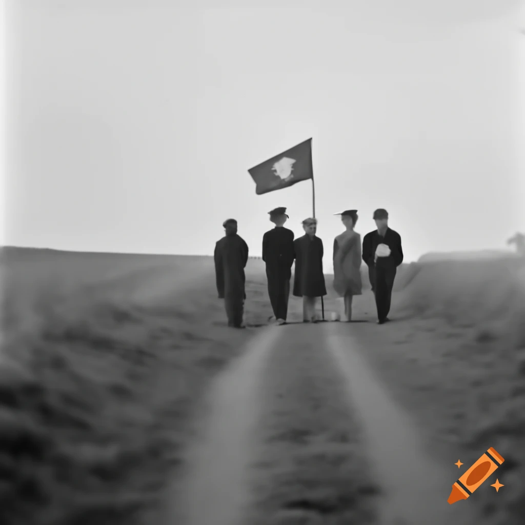 Group of five people walking with a flag through a meadow