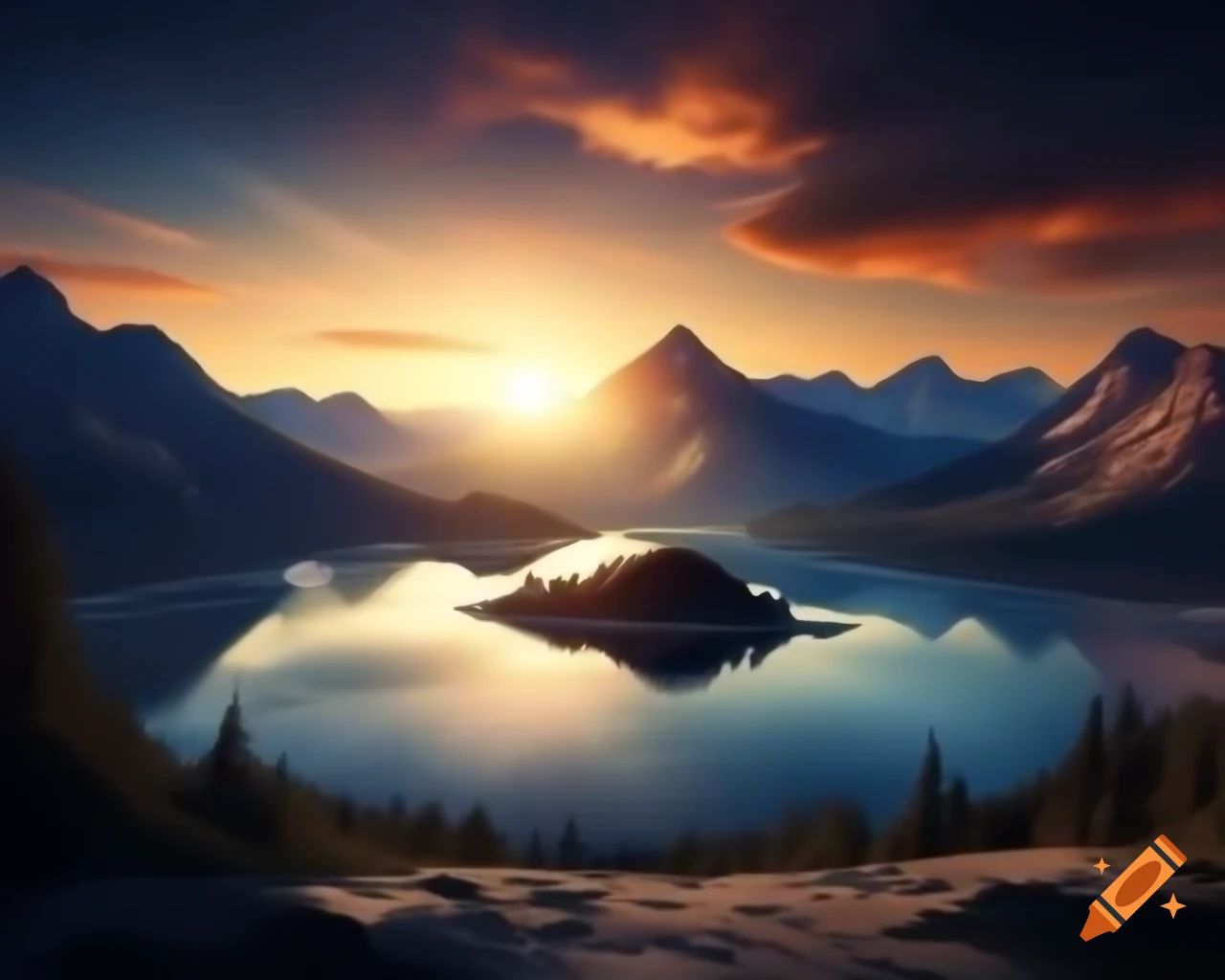 Photorealistic 3D render of a mountain lake at sunset with sun rays and an island