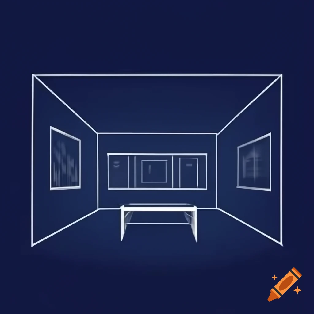 Sketch of an exhibition stand featuring a central table and surrounding walls