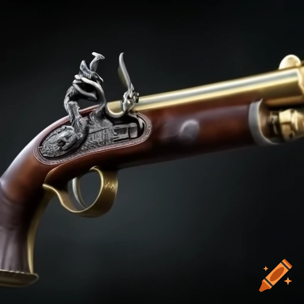 Ornately engraved flintlock pistol with brass accents against dark background