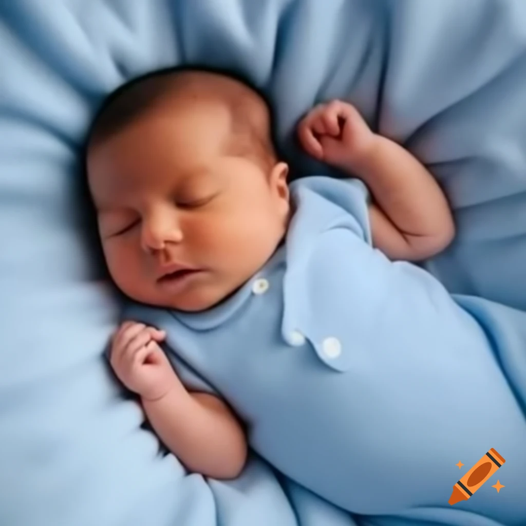 Peacefully sleeping baby in light blue romper