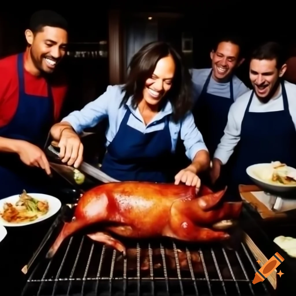 Kamala Harris cooking roasted pig on barbecue with friends