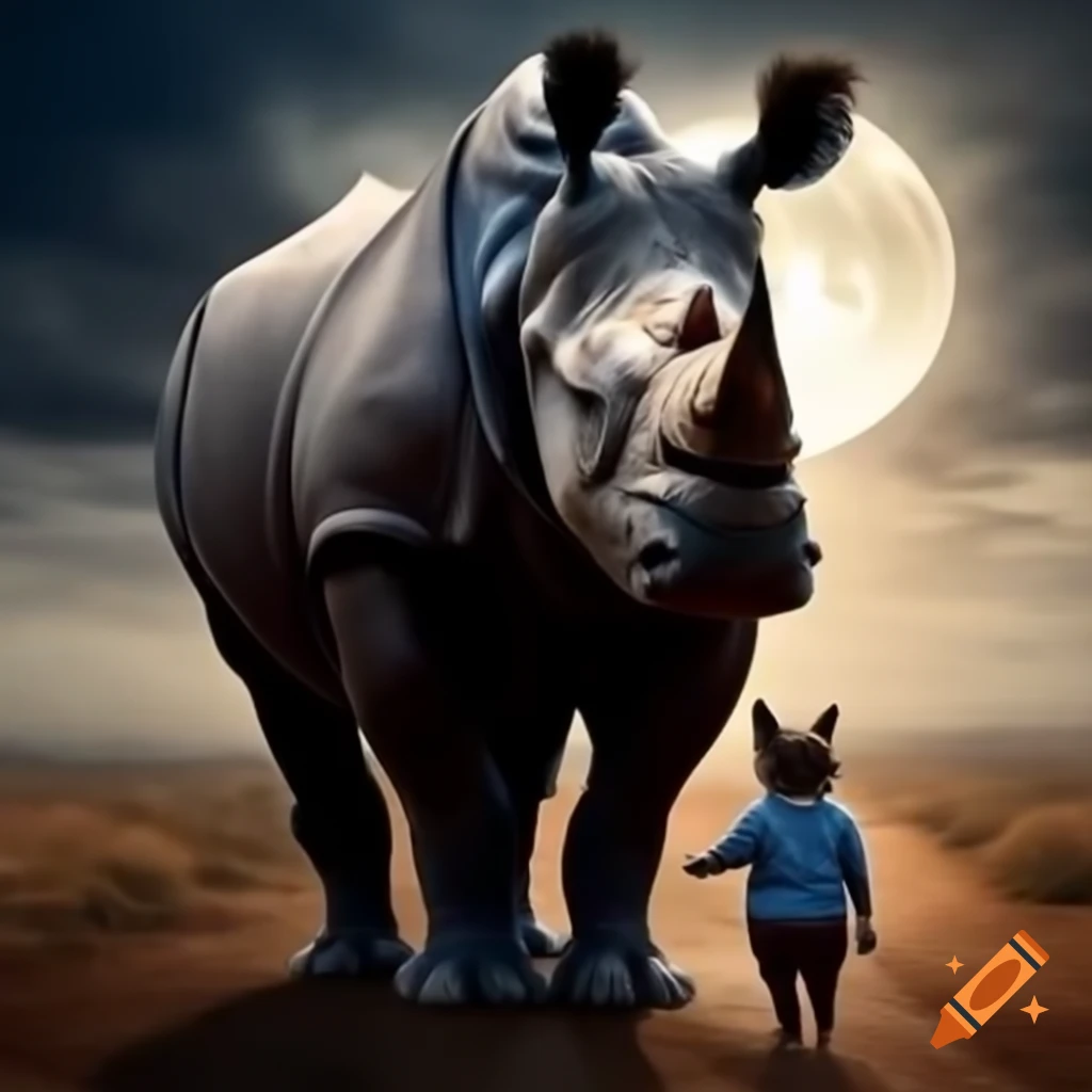 Rhinoceros in Trump shirt and cat in Harris shirt walking to the moon