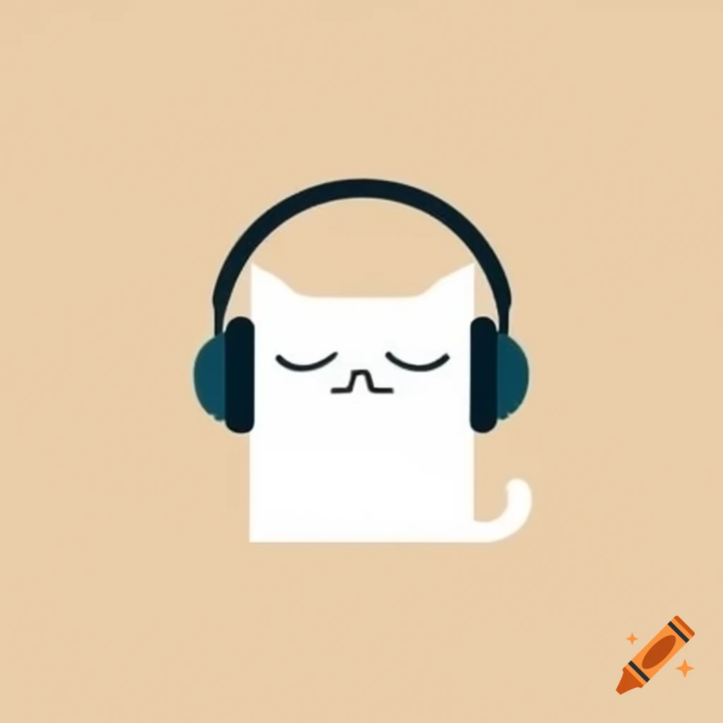 Faceless cat character wearing headphones on beige background