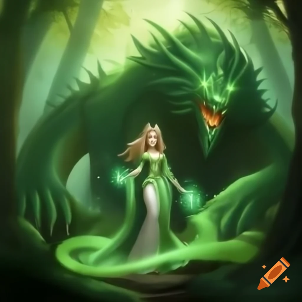 Princess in green gown next to emerald dragon in enchanted forest with glowing runes