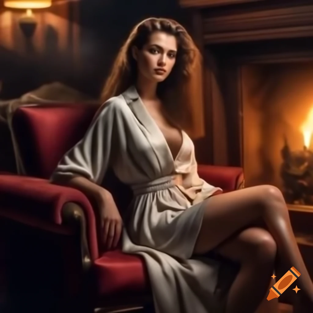 European princess in loose robe lounging in Victorian setting with fireplace glow