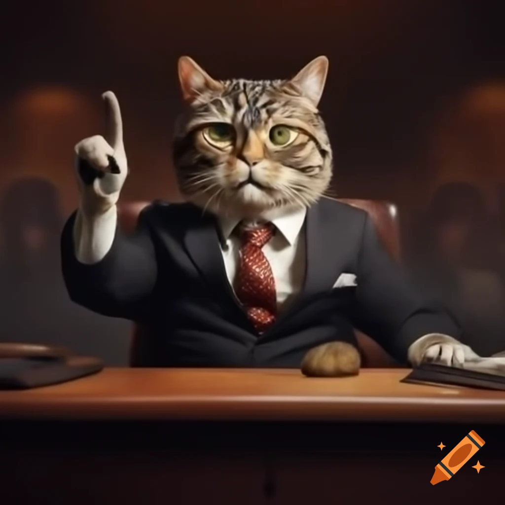 Cat in a suit giving a speech at a speaker table