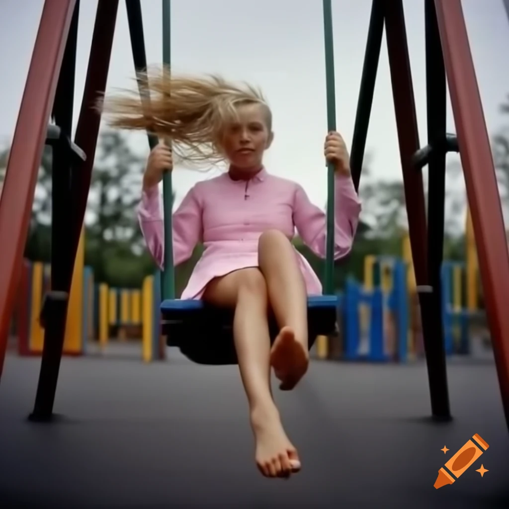 Tall woman with blonde pigtails swinging in playground wearing short pink dress