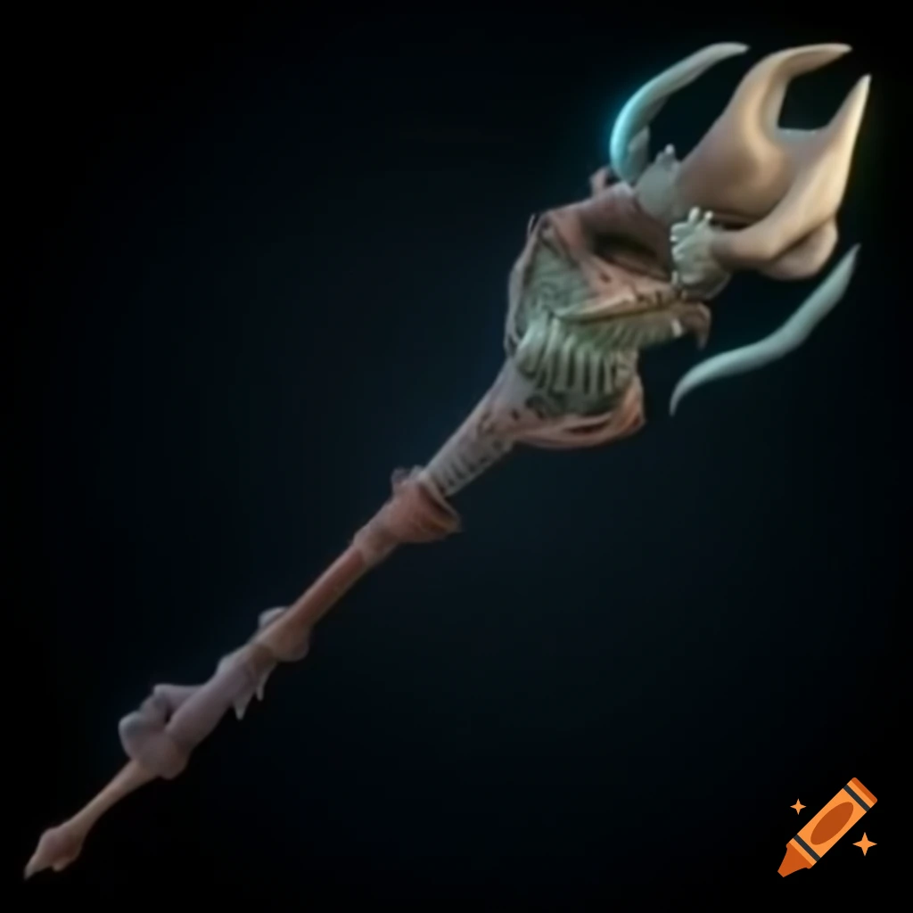 Magical staff crafted from fossilized sea dragon remains with glowing dragon skull handle