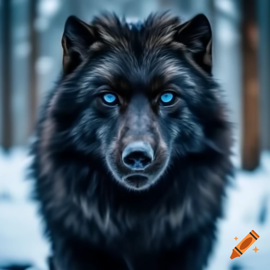 Black fur direwolf with blue eyes in snowy Winterfell landscape