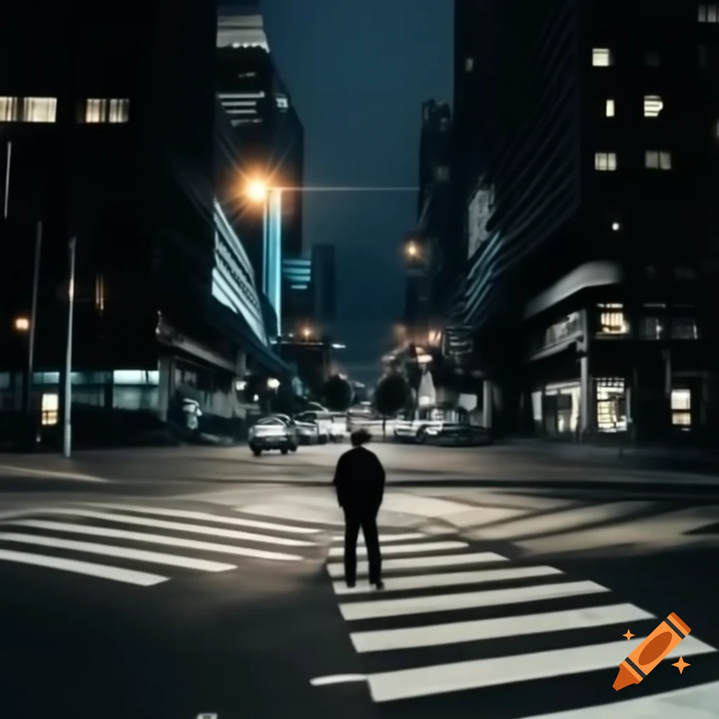 Male figure standing in foggy city intersection at night
