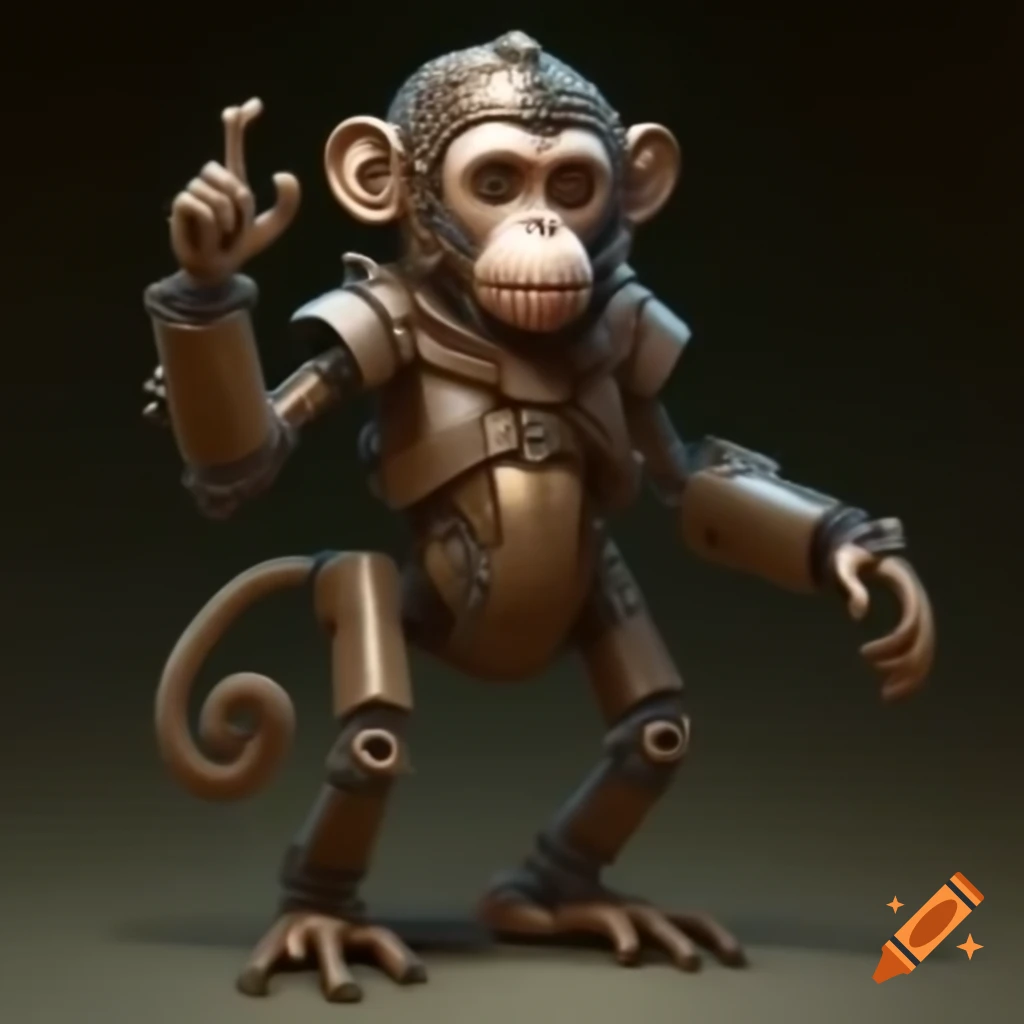 Steampunk robotic monkey sewing intricate patterns with needlework hand