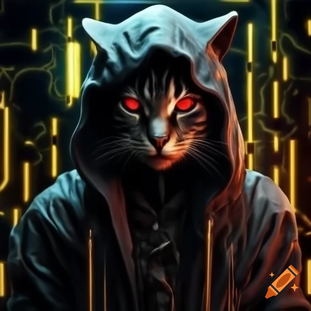 Cybernetic feline creature with gold circuitry and red eyes in neon alley