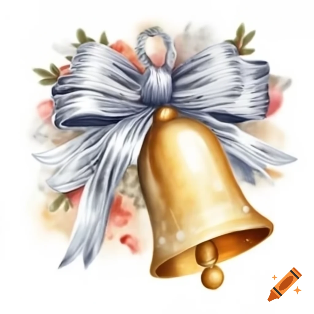 Sparkling Christmas bell with ribbons and roses in watercolor storybook style