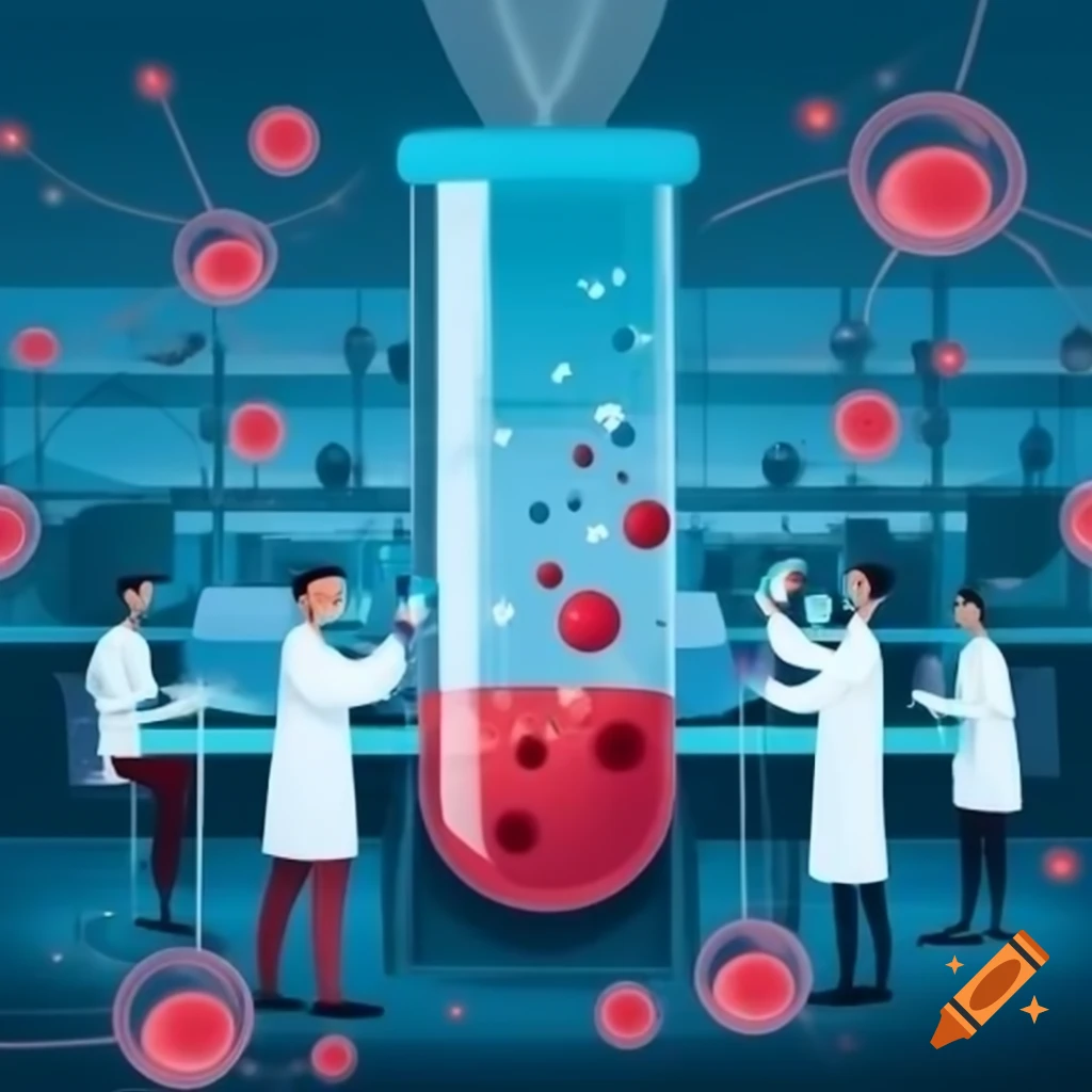 Researchers in laboratory with test tubes, DNA double helix, and floating neurons