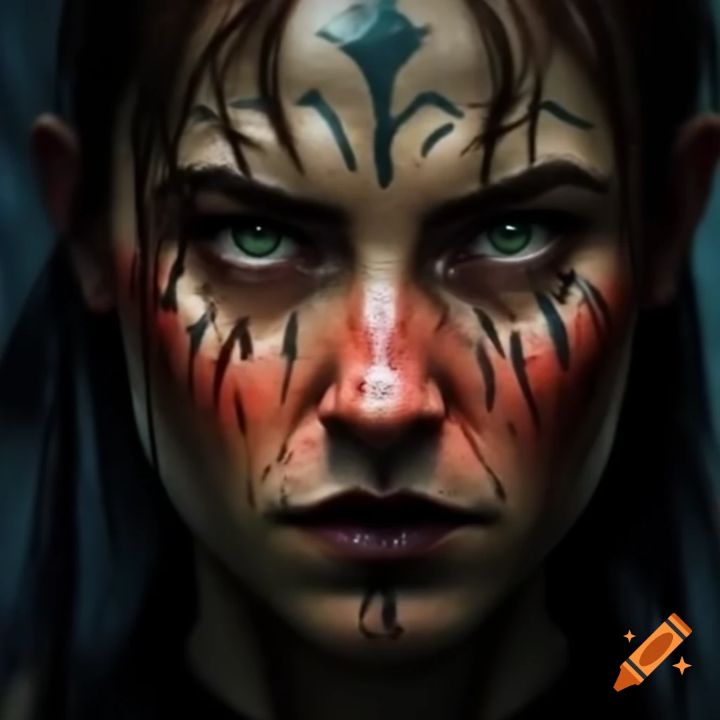 Fierce Gaelic warrior woman with war paint and sharp gaze
