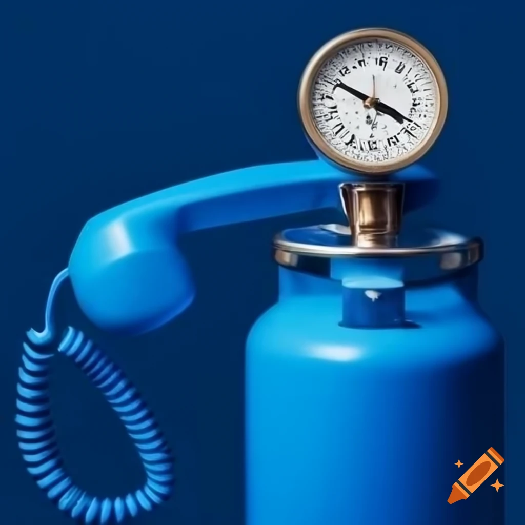 Blue gas cylinder, telephone, lotus bud, and compass arrangement