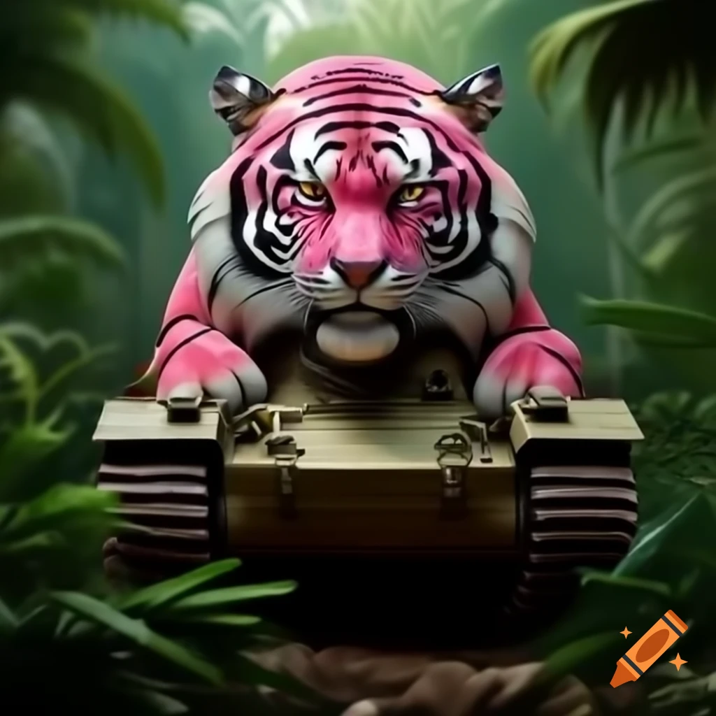 Pink-furred tiger commanding a tank in dense jungle