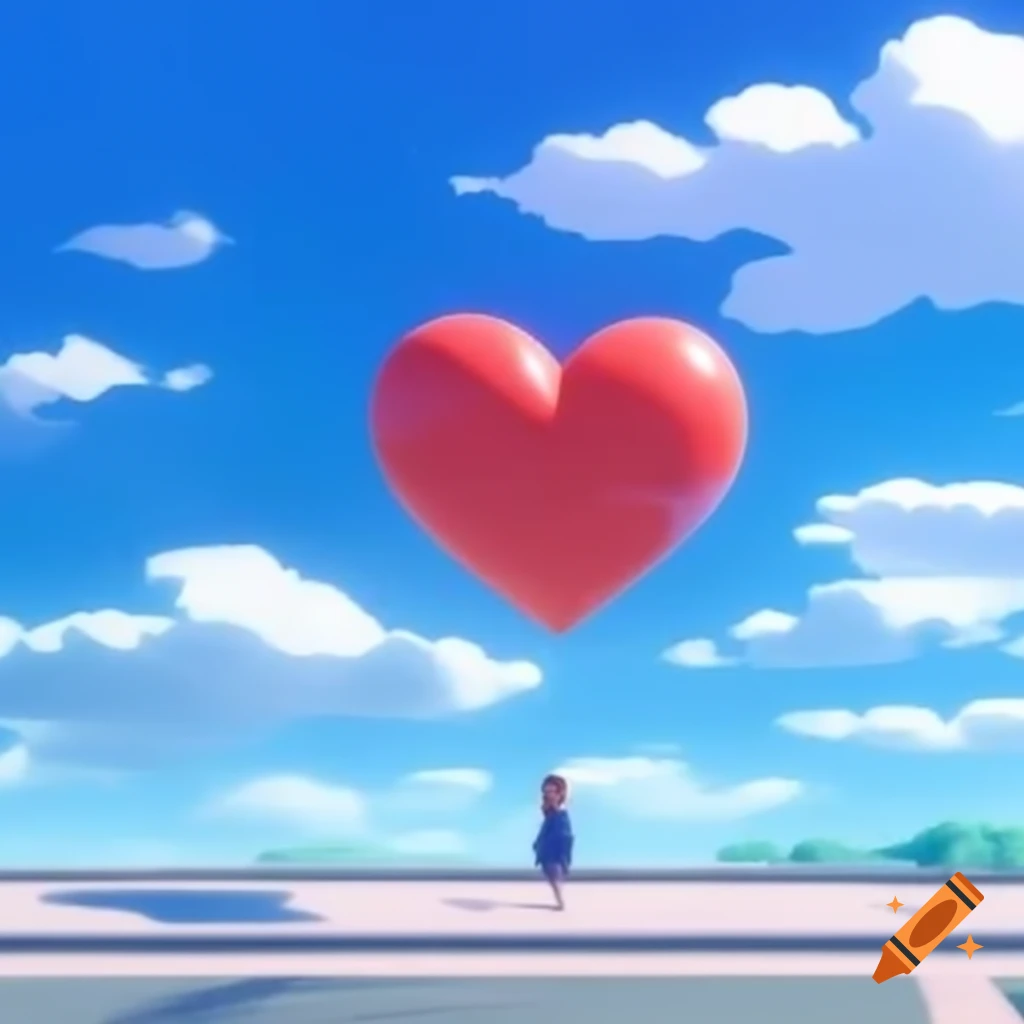 Pop surreal photography featuring anime heart statue against bright sky
