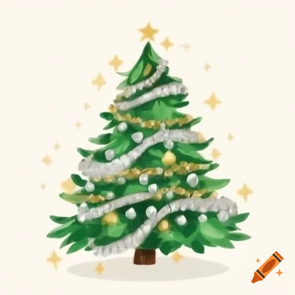 Evergreen Christmas tree decorated with silver and gold ribbons in watercolor style