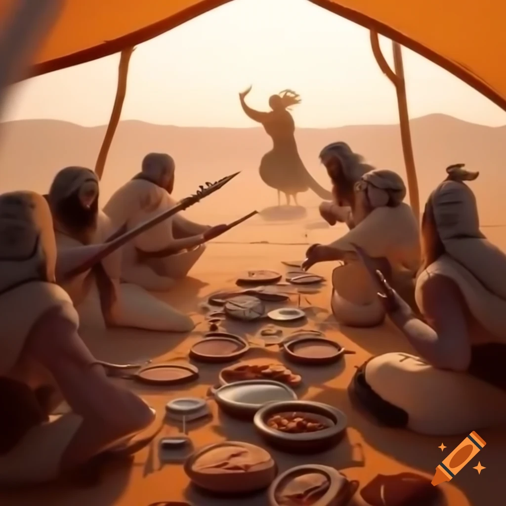 Traditional feast in desert tent with people dancing and celebrating