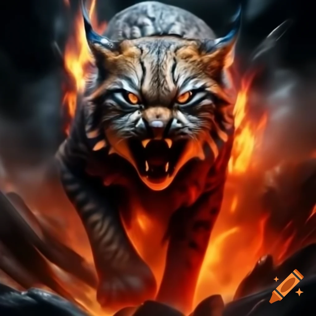Lynx stepping through hot coals from a vortex of fire and smoke with red predatory gaze