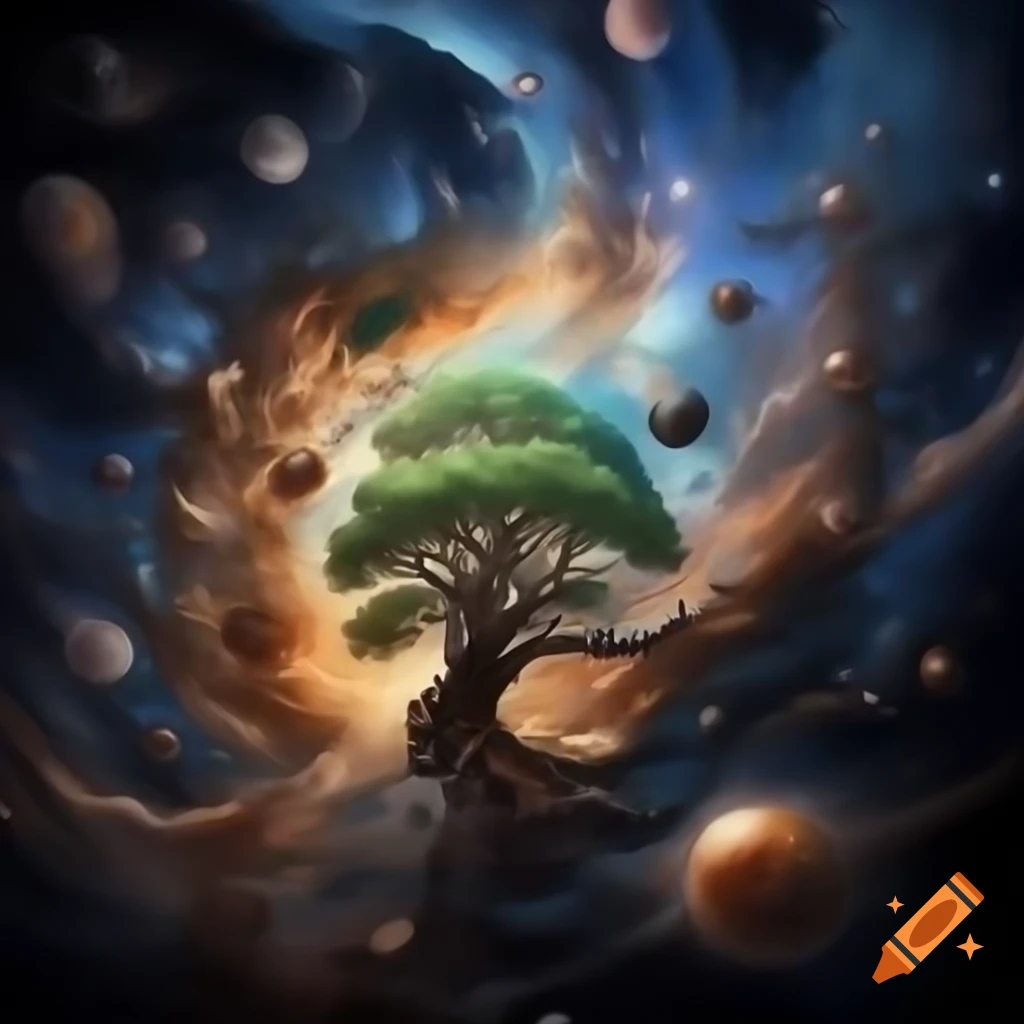 Celestial tree of life oil painting with galaxies and intricate branches