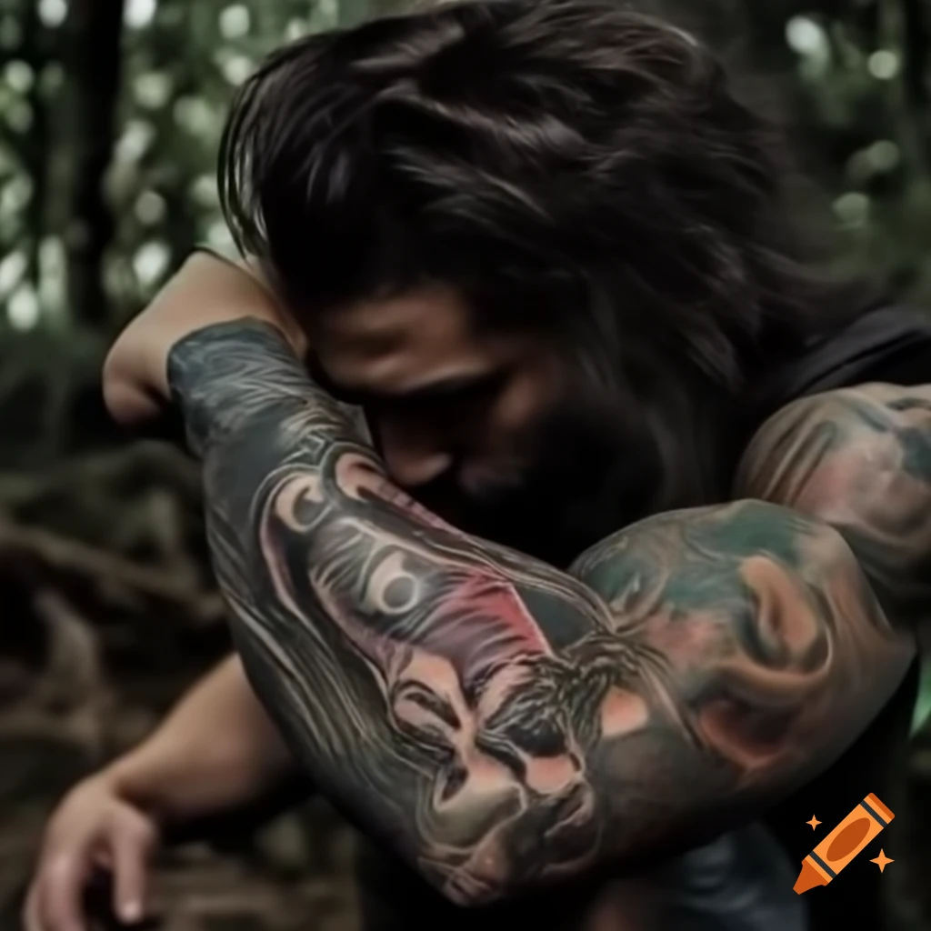 Muscular Caucasian man with tattoos of a wolf and lion in forest setting