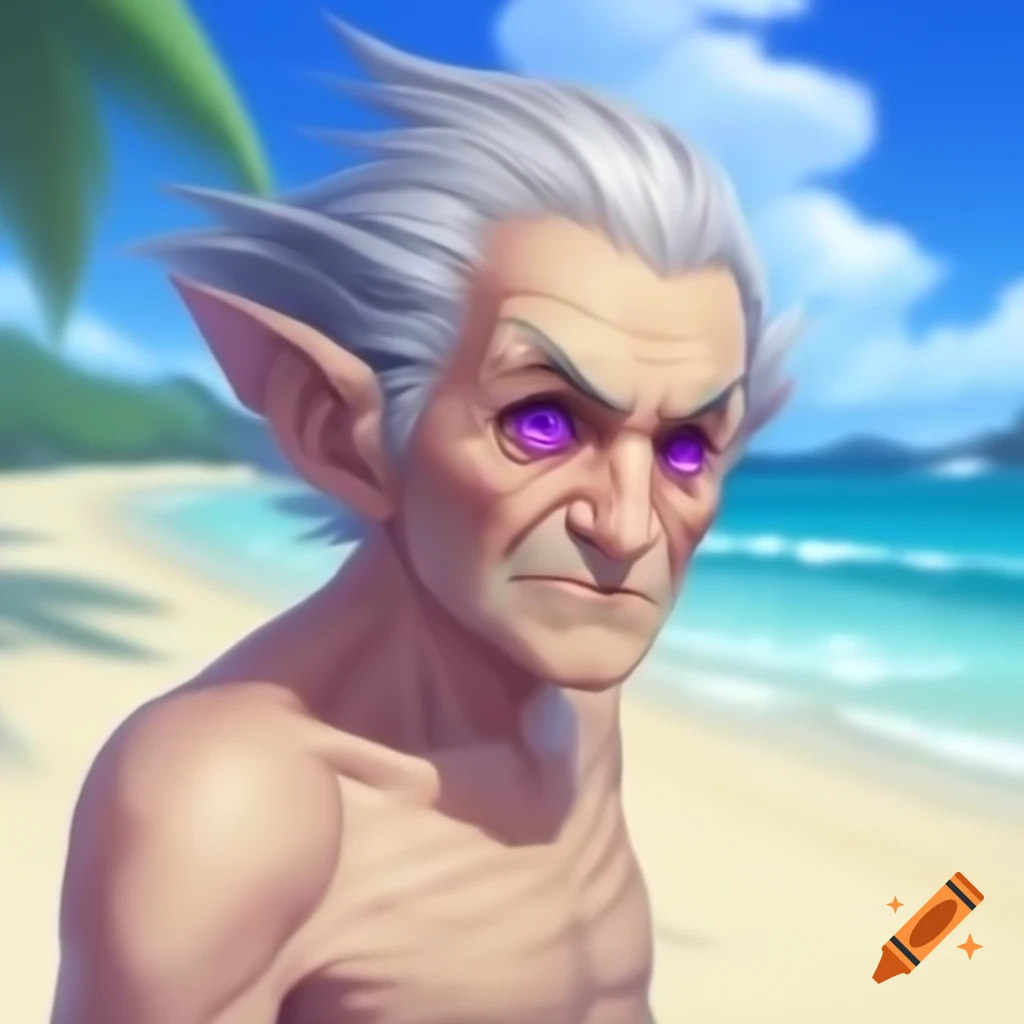 Evil older male governor with gray hair and purple eyes in beach setting, anime art style