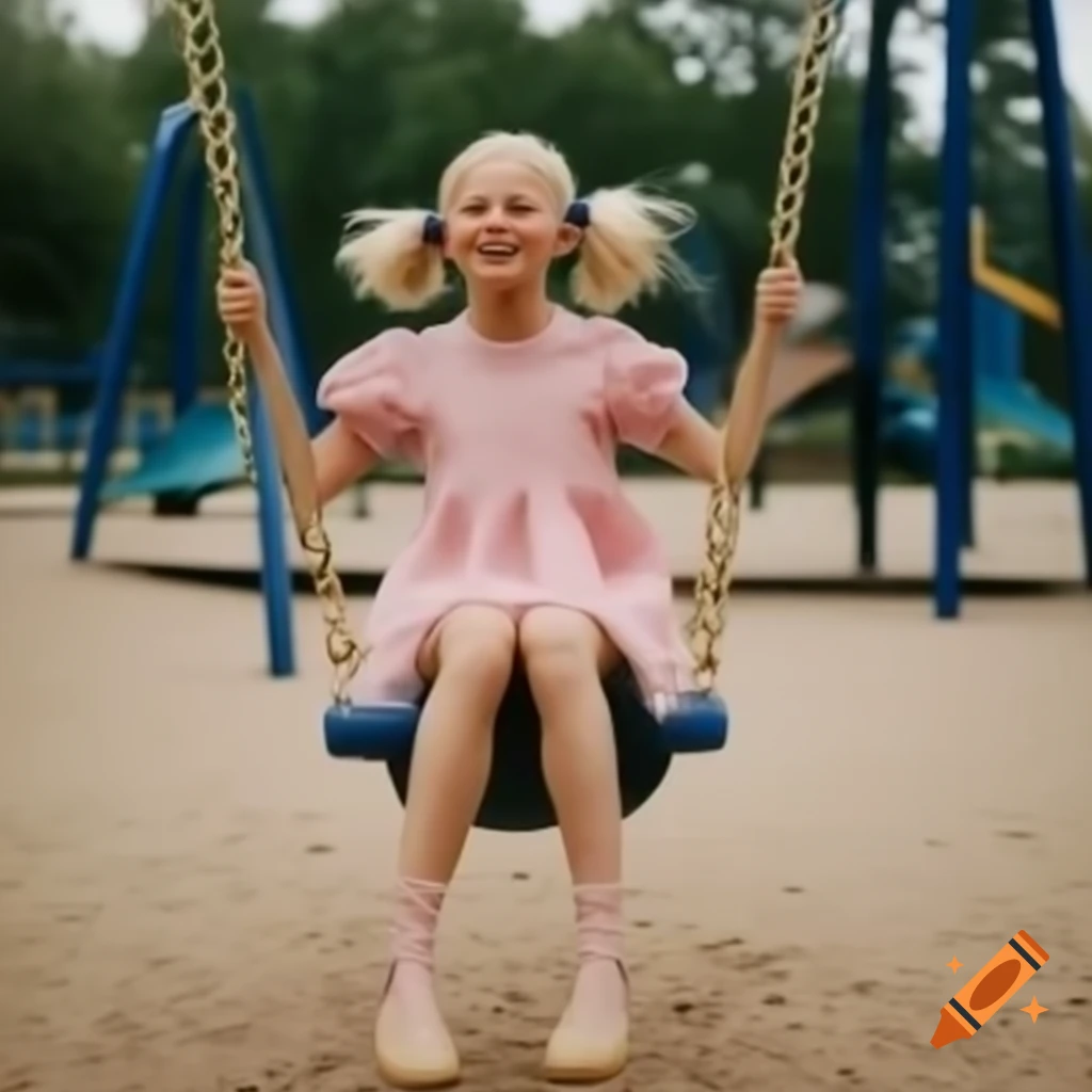 Woman with blonde pigtails swinging in playground wearing pink dress