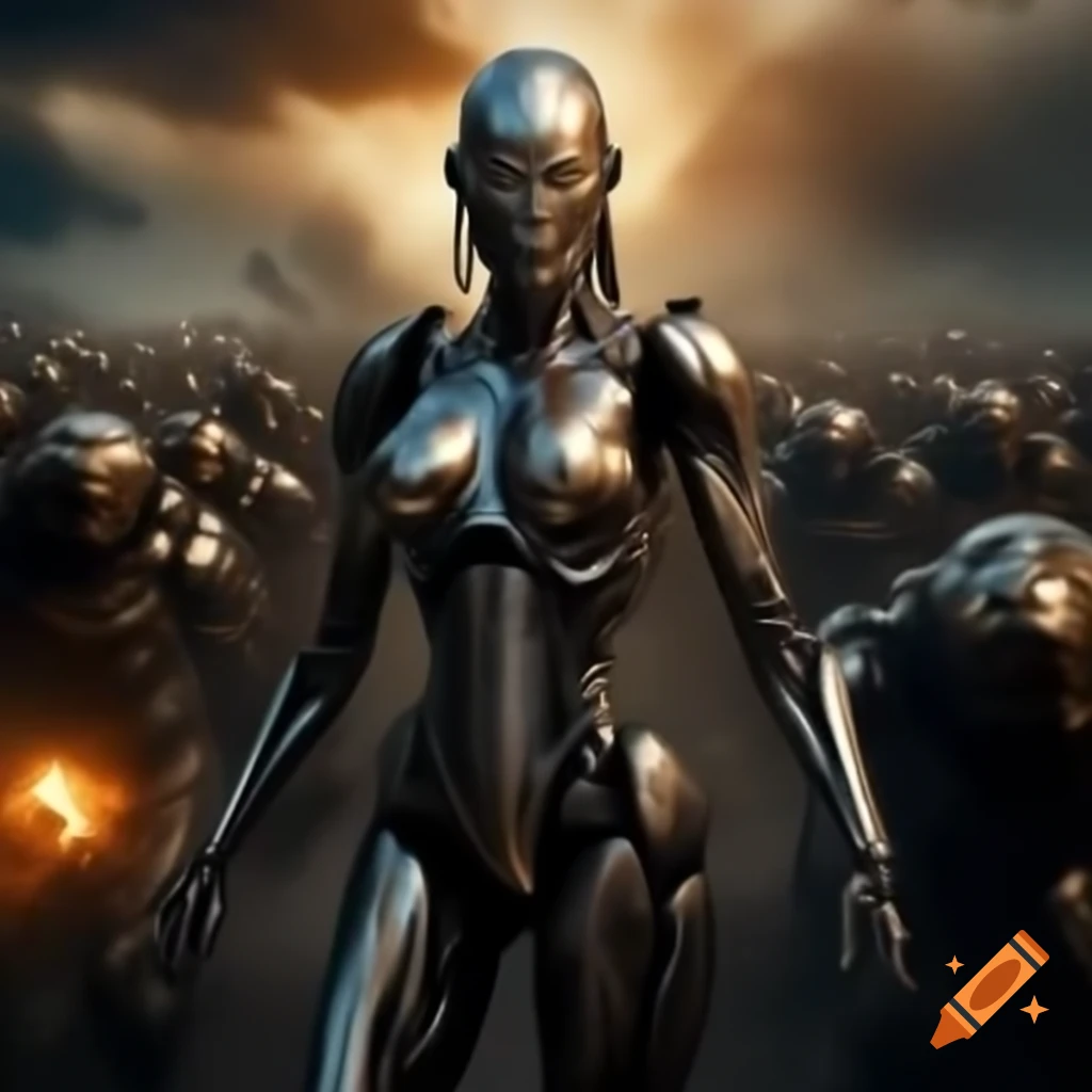 Cyborg warrior in chrome and steel on ravaged battlefield
