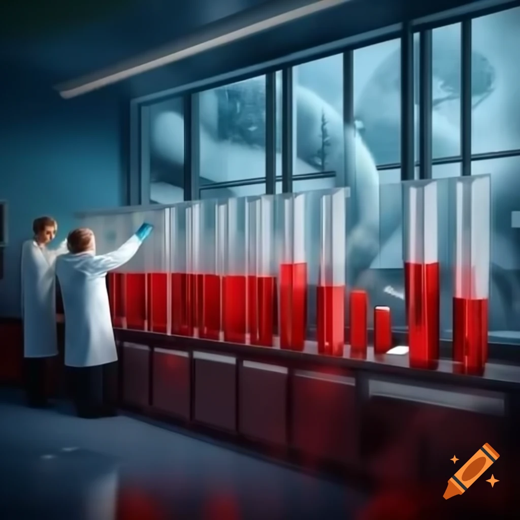 Researchers in laboratory with test tubes, red blood cells, and DNA double helix