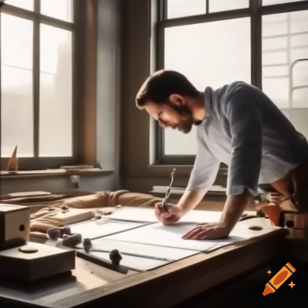 Engineer drafting construction plans on tilted table with natural light