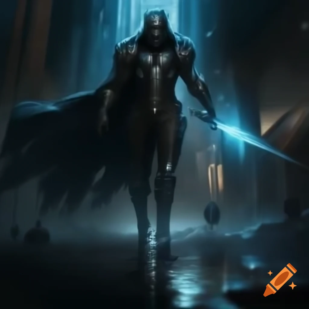 Cyborg warrior in dark armor illuminated by neon lights in a futuristic metropolis