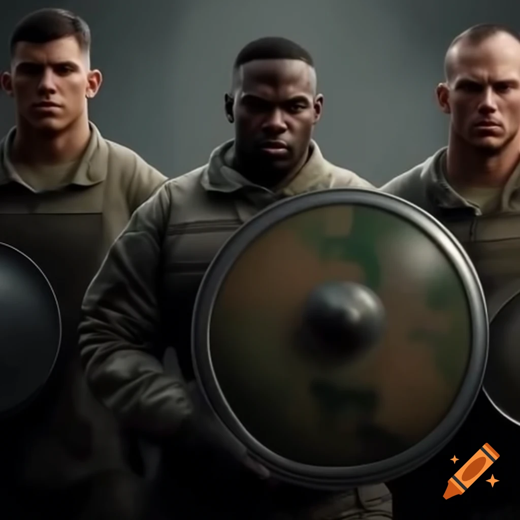 Three muscular army men holding shields with serious expressions