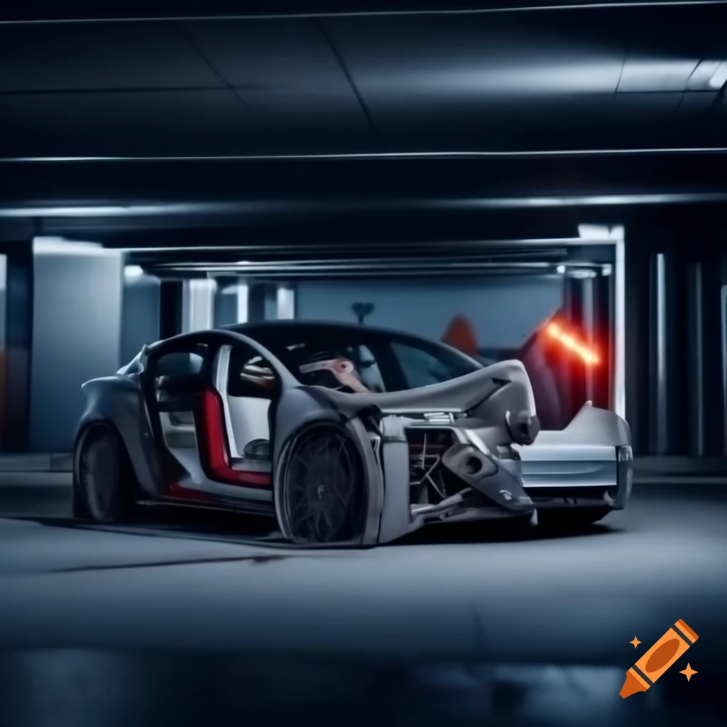 Tesla Model Y with exposed motor in dark underground parking lot, rear view
