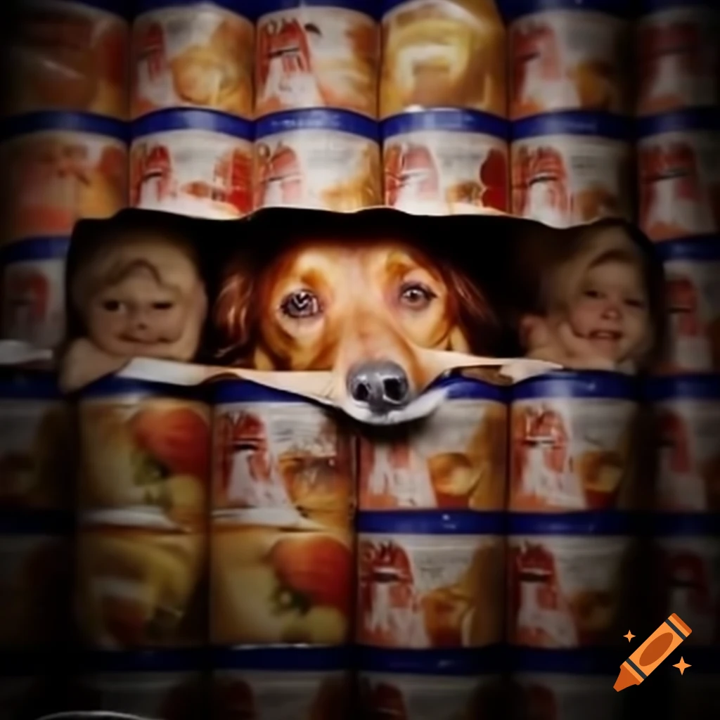 Dog food labels with political satire featuring Donald Trump's face