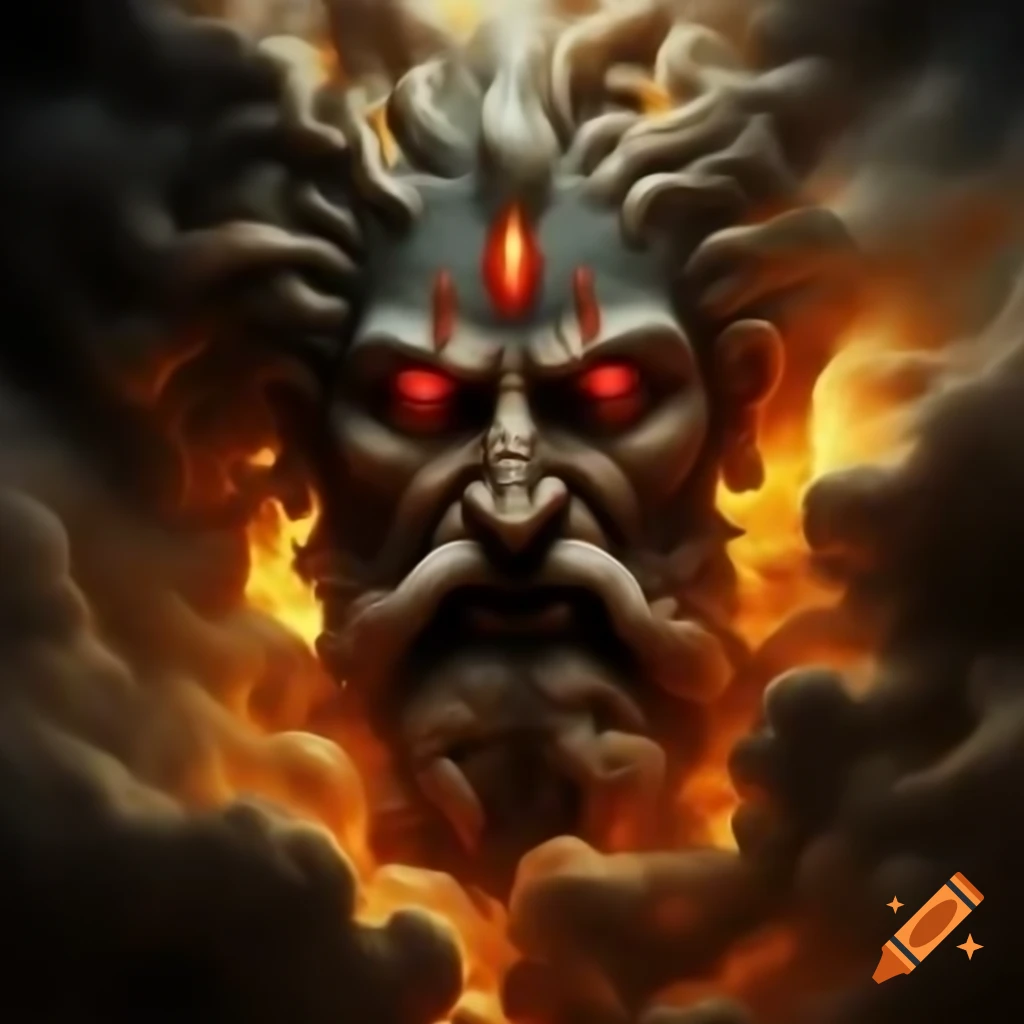 Glowing deity with fiery red eyes emerging from golden mist vortex