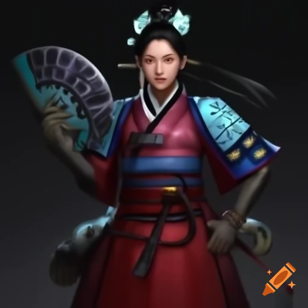Futuristic Korean guardian spirit PeopKO in hanbok and armor with holographic fan