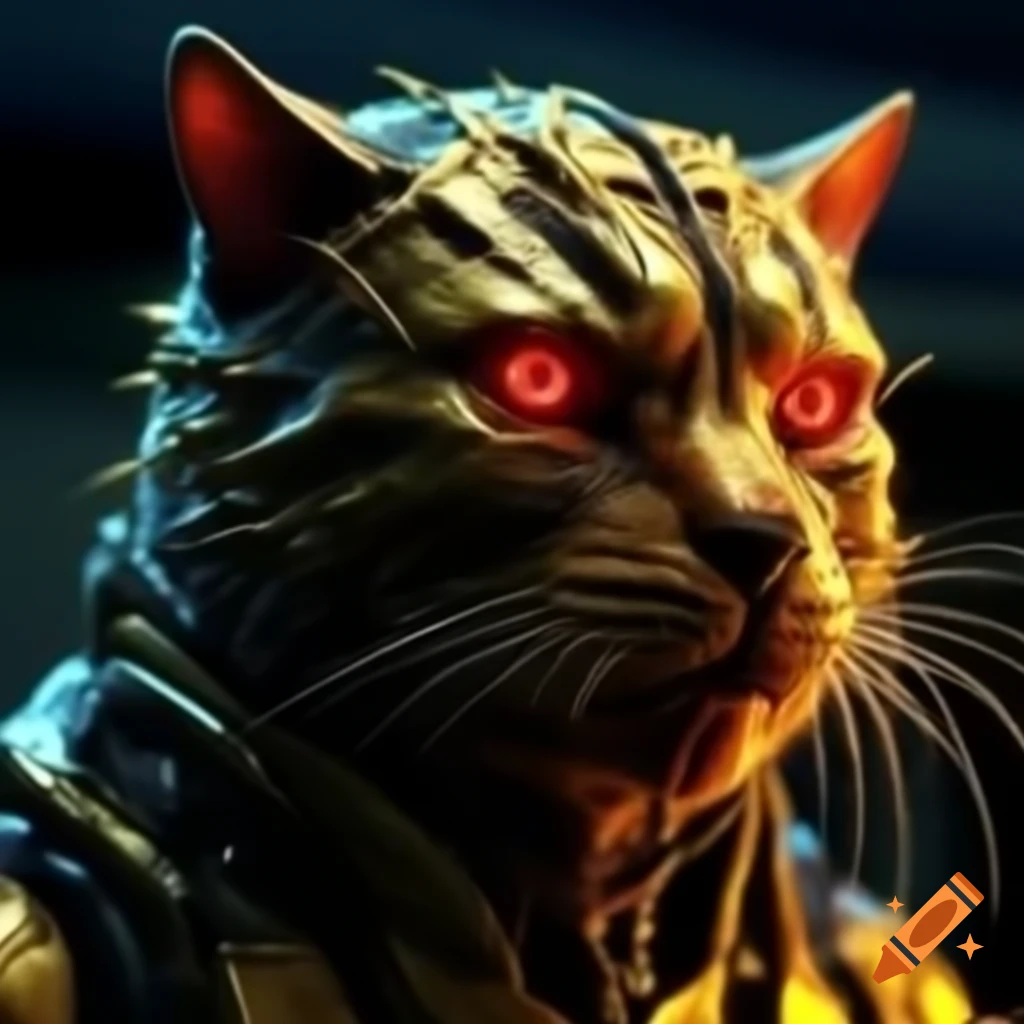 Sinister gold glowing cat deity with red eyes in cyberpunk setting