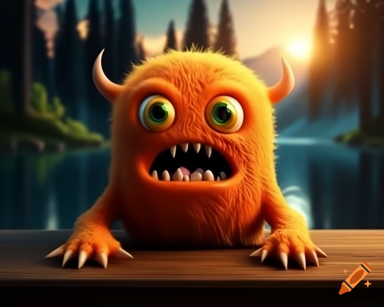 Photorealistic orange monster with human face sitting on wooden table in forest
